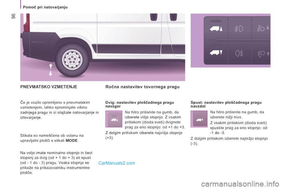 Peugeot Boxer 2015.5 Priročnik za lastnika (in Slovenian) 96
boxer_sl_Chap04_Technologie-a-bord_ed01-2015
pnevMatsKo vzMetenJe
Če je vozilo opremljeno s pnevmatskim
vzmetenjem, lahko spreminjate višino
zadnjega pragu in si olajšate natovarjanje in
izt Peugeot Boxer 2015.5 Priročnik za lastnika (in Slovenian) 96
boxer_sl_Chap04_Technologie-a-bord_ed01-2015
pnevMatsKo vzMetenJe
Če je vozilo opremljeno s pnevmatskim
vzmetenjem, lahko spreminjate višino
zadnjega pragu in si olajšate natovarjanje in
izt