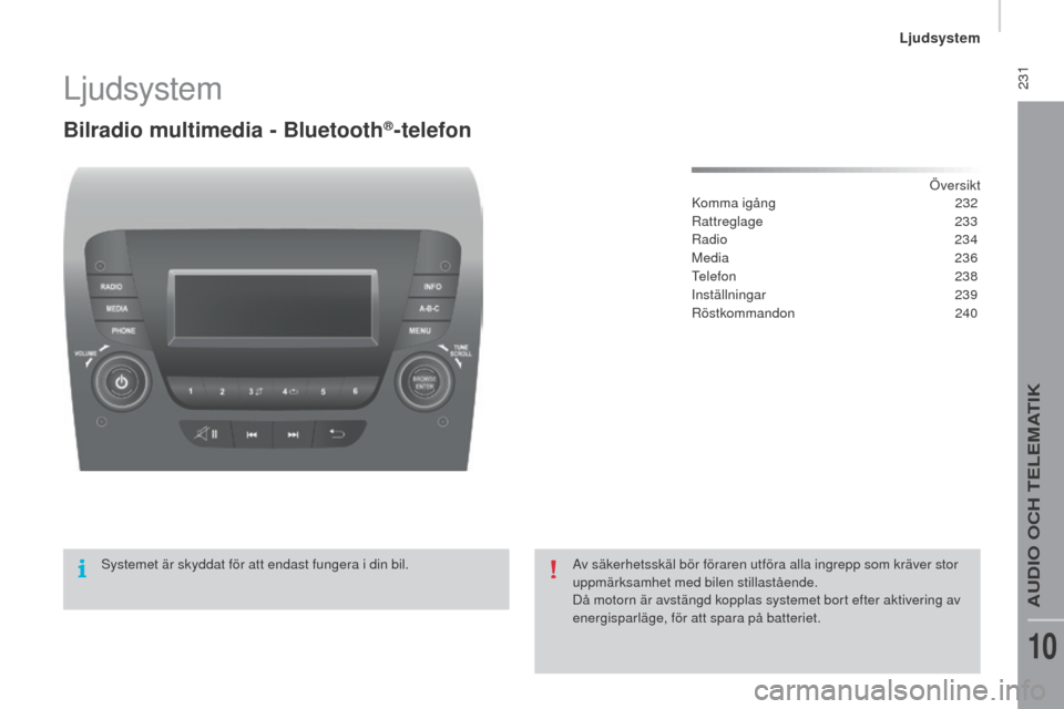 Peugeot Boxer 2015.5 Ägarmanual (in Swedish) 231
boxer_sv_Chap10b_Autoradio_Fiat-4_ed01-2015
Ljudsystem
Bilradio multimedia - Bluetooth®-telefon
Översikt
Komma igång 2 32
Rattreglage
233
Radio
234
Media
236
Telefon
238
Inställnin Peugeot Boxer 2015.5 Ägarmanual (in Swedish) 231
boxer_sv_Chap10b_Autoradio_Fiat-4_ed01-2015
Ljudsystem
Bilradio multimedia - Bluetooth®-telefon
Översikt
Komma igång 2 32
Rattreglage
233
Radio
234
Media
236
Telefon
238
Inställnin