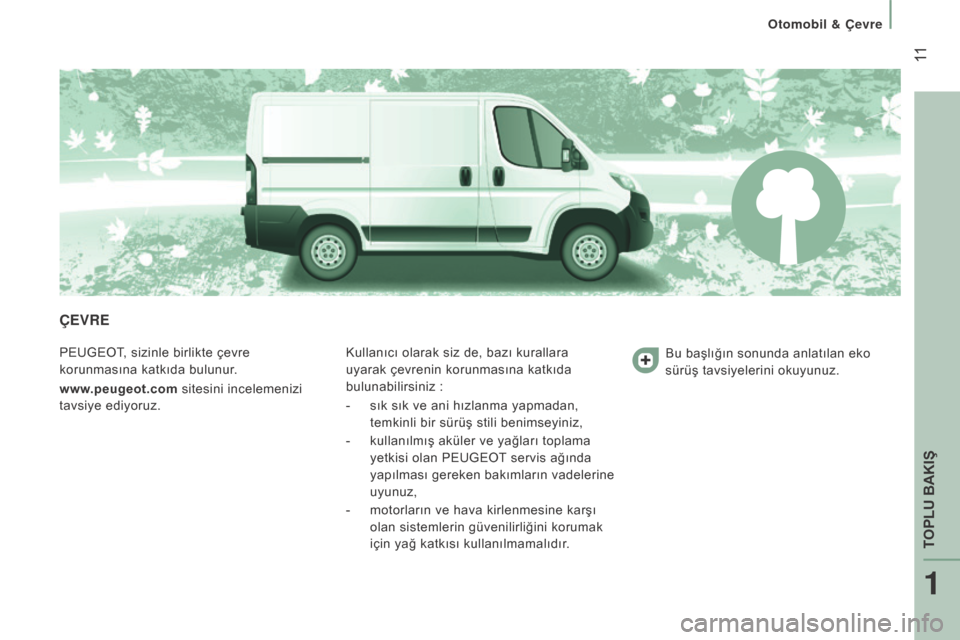 Peugeot Boxer 2015.5 Kullanım Kılavuzu (in Turkish) 11
boxer_tr_Chap01_Vue-ensemble_ed01-2015
ÇEvRE
PEUGEOT, sizinle birlikte çevre
korunmasına katkıda bulunur.
www.peugeot.com sitesini incelemenizi
tavsiye ediyoruz.Kullanıcı olarak siz de, b Peugeot Boxer 2015.5 Kullanım Kılavuzu (in Turkish) 11
boxer_tr_Chap01_Vue-ensemble_ed01-2015
ÇEvRE
PEUGEOT, sizinle birlikte çevre
korunmasına katkıda bulunur.
www.peugeot.com sitesini incelemenizi
tavsiye ediyoruz.Kullanıcı olarak siz de, b