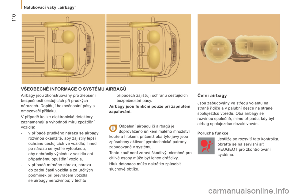 Peugeot Boxer 2015.5  Návod k obsluze (in Czech)  110
boxer_cs_Chap05_Securite_ed01-2015
VŠEOBECNé INfORMACE O SYSTéMU AIRBAgů
Airbagy jsou zkonstruovány pro zlepšení 
bezpečnosti cestujících při prudkých 
nárazech. Doplňují bezpečno