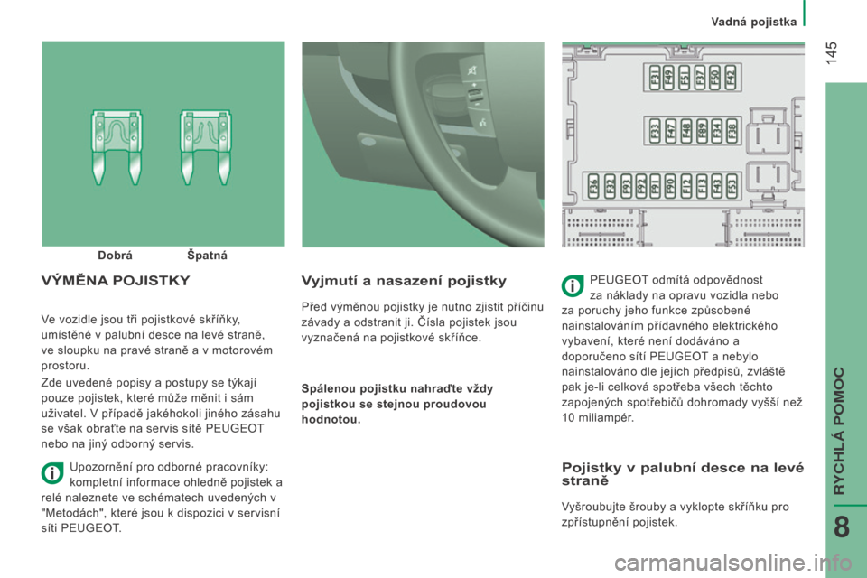 Peugeot Boxer 2015.5  Návod k obsluze (in Czech)  145
boxer_cs_Chap08_Aide-Rapide_ed01-2015
Ve vozidle jsou tři pojistkové skříňky, 
umístěné v palubní desce na levé straně, 
ve sloupku na pravé straně a v motorovém 
prostoru.
Zde uved