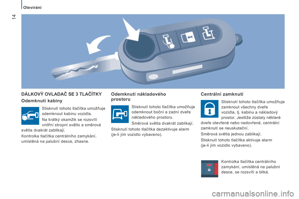 Peugeot Boxer 2015.5  Návod k obsluze (in Czech)  14
boxer_cs_Chap02_Pret-a-Partir_ed01-2015
DÁLKOVý OVLADAČ SE 3 TLAČÍTKY
Odemknutí 
kabiny
Stisknutí tohoto tlačítka umožňuje 
odemknout kabinu vozidla.
Na krátký okamžik se rozsvítí 