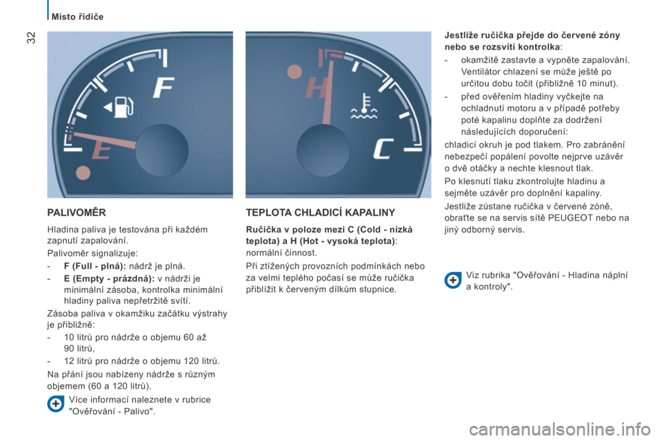 Peugeot Boxer 2015.5  Návod k obsluze (in Czech)  32
boxer_cs_Chap02_Pret-a-Partir_ed01-2015
PALIVOMĚR
Hladina paliva je testována při každém 
zapnutí zapalování.
Palivoměr signalizuje:
-  f
 ( f ull - plná): nádrž je plná.
-
 
E (Empty