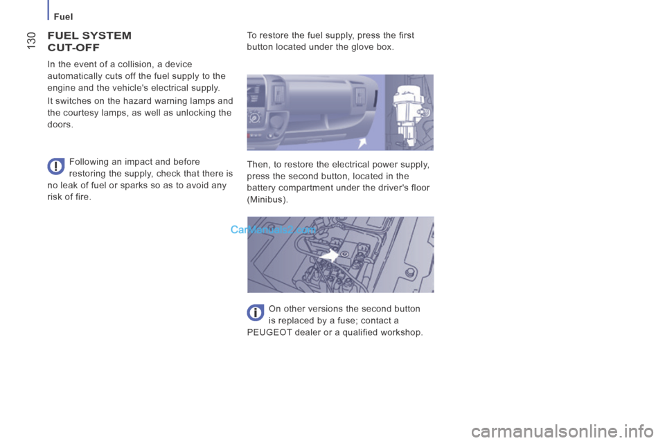 Peugeot Boxer 2014  Owners Manual    Fuel   
 130
 FUEL  SYSTEM 
CUT-OFF 
  Following an impact and before 
restoring the supply, check that there is 
no leak of fuel or sparks so as to avoid any 
risk of fire.     In the event of a c