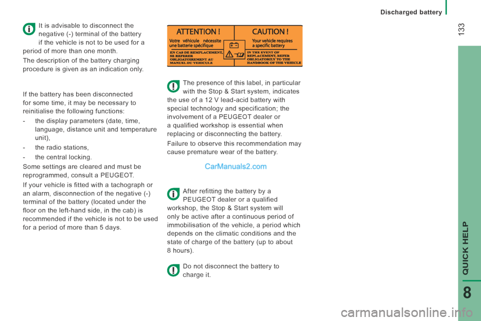 Peugeot Boxer 2014 Owners Manual 133
QUICK HELP
8
Discharged battery
The presence of this label, in particular
with the Stop & Start system, indicates
the use of a 12 V lead-acid battery with
special technology an Peugeot Boxer 2014 Owners Manual 133
QUICK HELP
8
Discharged battery
The presence of this label, in particular
with the Stop & Start system, indicates
the use of a 12 V lead-acid battery with
special technology an