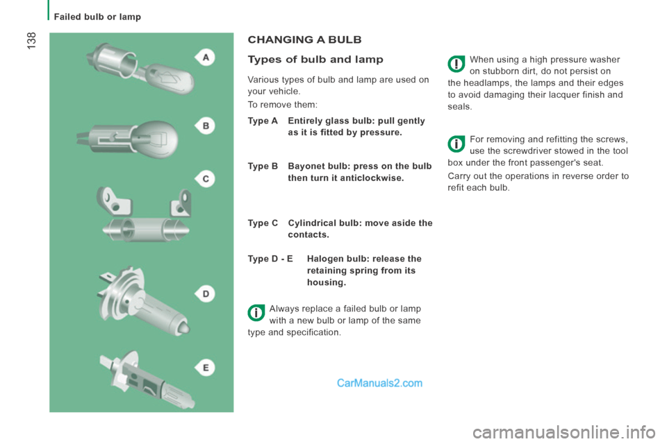 Peugeot Boxer 2014 Owners Guide    Failed  bulb  or  lamp   
 138  When using a high pressure washer 
on stubborn dirt, do not persist on 
the headlamps, the lamps and their edges 
to avoid damaging their lacquer finish and 
seals. 