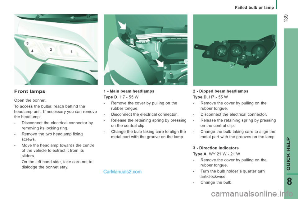Peugeot Boxer 2014 Owners Manual Failed bulb or lamp
139
QUICK HELP
8
1 - Main beam headlamps
Type D , H7 - 55 W
- Remove the cover by pulling on the rubber tongue.
- Disconnect the electrical connector. Peugeot Boxer 2014 Owners Manual Failed bulb or lamp
139
QUICK HELP
8
1 - Main beam headlamps
Type D , H7 - 55 W
- Remove the cover by pulling on the rubber tongue.
- Disconnect the electrical connector.
