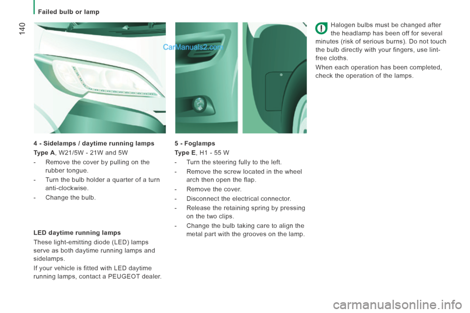 Peugeot Boxer 2014 Owners Guide    Failed  bulb  or  lamp   
 140
  Halogen bulbs must be changed after 
the headlamp has been off for several 
minutes (risk of serious burns). Do not touch 
the bulb directly with your fingers, use 