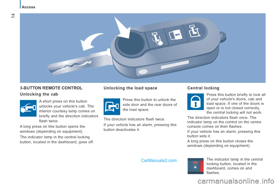 Peugeot Boxer 2014  Owners Manual 14
   Access   
 3-BUTTON REMOTE CONTROL 
  Unlocking  the  cab 
  A short press on this button 
unlocks your vehicles cab. The 
interior courtesy lamp comes on 
briefly and the direction indicators 