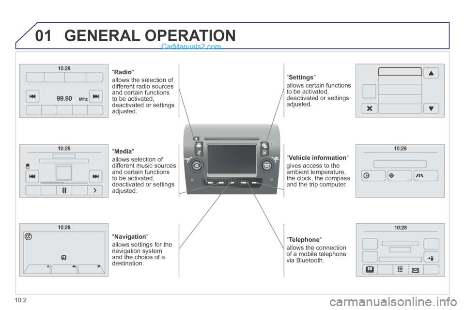 Peugeot Boxer 2014 Owners Manual 01
" Telephone "
allows the connection of a mobile telephone via Bluetooth.
" Vehicle information "
gives access to the ambient temperature, the clock, the compass and the trip computer. Peugeot Boxer 2014 Owners Manual 01
" Telephone "
allows the connection of a mobile telephone via Bluetooth.
" Vehicle information "
gives access to the ambient temperature, the clock, the compass and the trip computer.