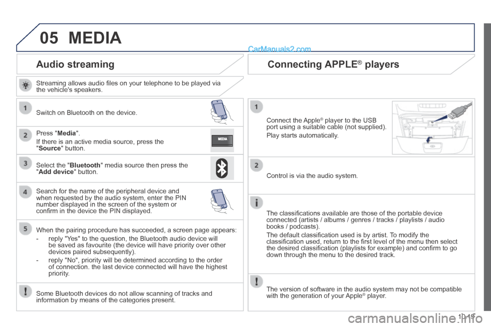 Peugeot Boxer 2014 Owners Manual 05
10.19
Audio streaming
Streaming allows audio fi les on your telephone to be played via the vehicles speakers.
Switch on Bluetooth on the device.
Press " Media ".
If there is Peugeot Boxer 2014 Owners Manual 05
10.19
Audio streaming
Streaming allows audio fi les on your telephone to be played via the vehicles speakers.
Switch on Bluetooth on the device.
Press " Media ".
If there is