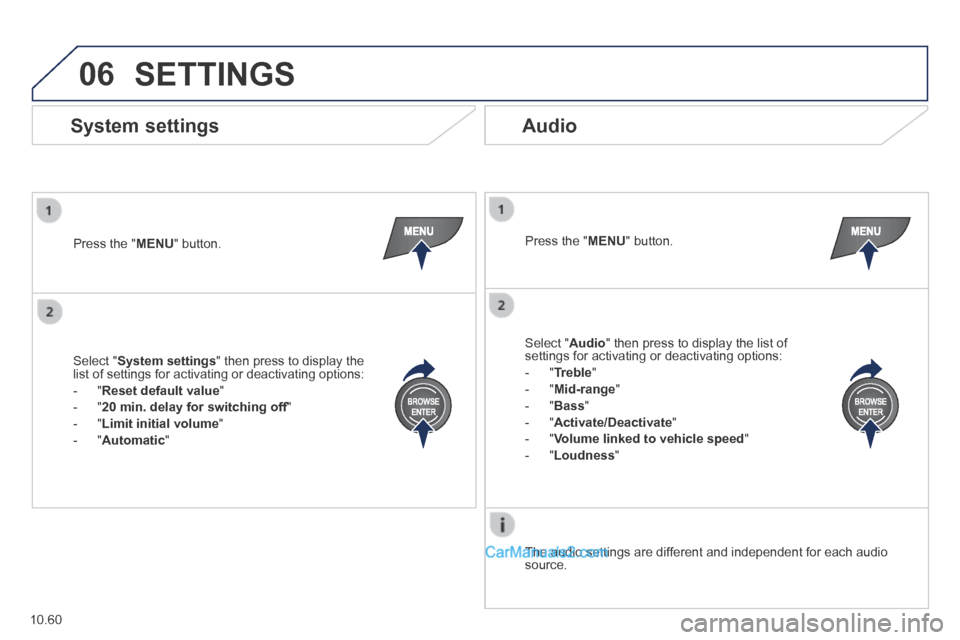 Peugeot Boxer 2014 Owners Manual 06
10.60
SETTINGS
Press the " MENU " button. Press the " MENU " button.
The audio settings are different and independent for each audio source.
System settings Audio
Select Peugeot Boxer 2014 Owners Manual 06
10.60
SETTINGS
Press the " MENU " button. Press the " MENU " button.
The audio settings are different and independent for each audio source.
System settings Audio
Select