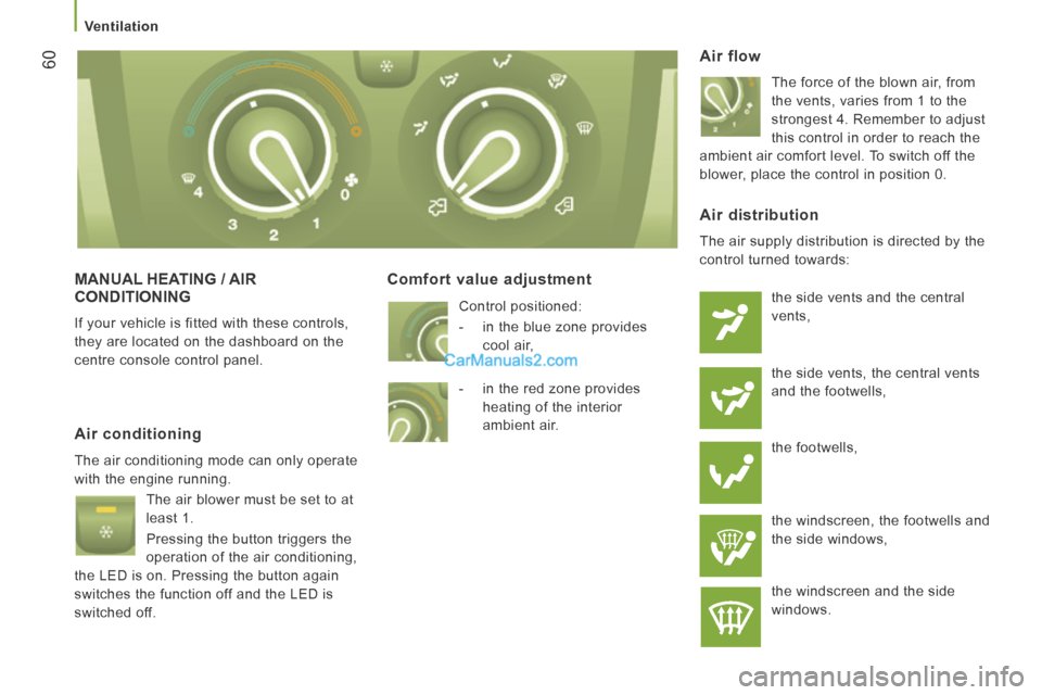 Peugeot Boxer 2014  Owners Manual    Ventilation   
60
 MANUAL HEATING / AIR CONDITIONING 
 If your vehicle is fitted with these controls, 
they are located on the dashboard on the 
centre console control panel. 
  Comfort  value  adj