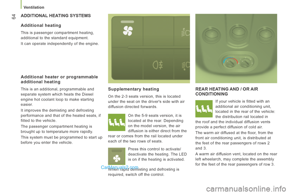 Peugeot Boxer 2014  Owners Manual    Ventilation   
64 ADDITIONAL HEATING SYSTEMS 
  Supplementary  heating 
 On the 2-3 seats version, this is located 
under the seat on the drivers side with air 
diffusion directed forwards. 
 REAR