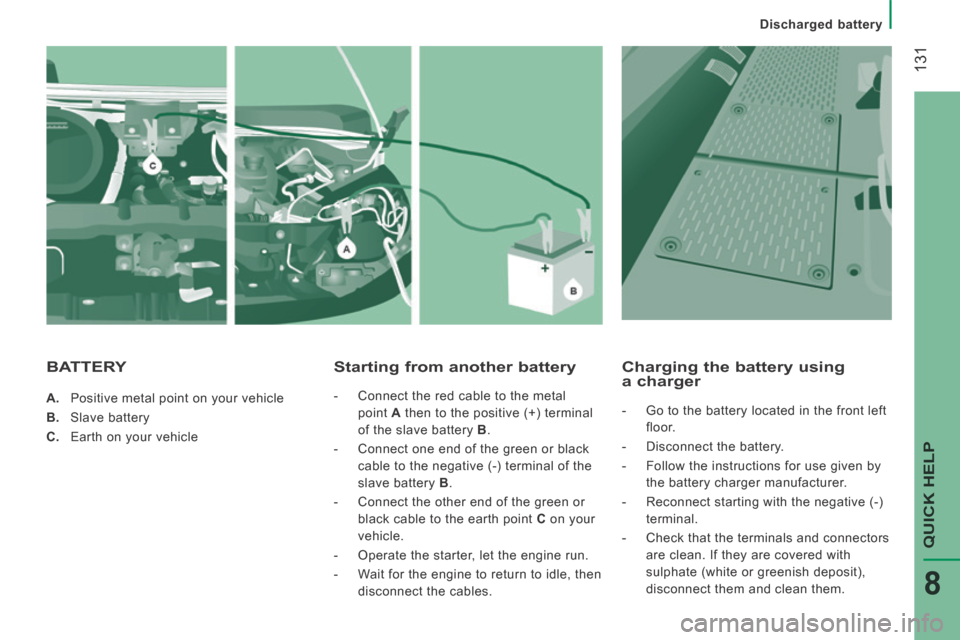 Peugeot Boxer 2014 Owners Manual - RHD (UK, Australia) 131
Discharged battery
QUICK HELP
8
A. Positive metal point on your vehicle
B. Slave battery
C. Earth on your vehicle
Starting from another battery
- Connect the red cabl Peugeot Boxer 2014 Owners Manual - RHD (UK, Australia) 131
Discharged battery
QUICK HELP
8
A. Positive metal point on your vehicle
B. Slave battery
C. Earth on your vehicle
Starting from another battery
- Connect the red cabl