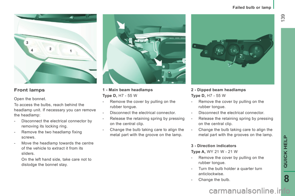 Peugeot Boxer 2014 Owners Manual - RHD (UK, Australia) 139
QUICK HELP
8
Failed bulb or lamp
1 - Main beam headlamps
Type D , H7 - 55 W
- Remove the cover by pulling on the rubber tongue.
- Disconnect the electrical connector.
- Peugeot Boxer 2014 Owners Manual - RHD (UK, Australia) 139
QUICK HELP
8
Failed bulb or lamp
1 - Main beam headlamps
Type D , H7 - 55 W
- Remove the cover by pulling on the rubber tongue.
- Disconnect the electrical connector.
-