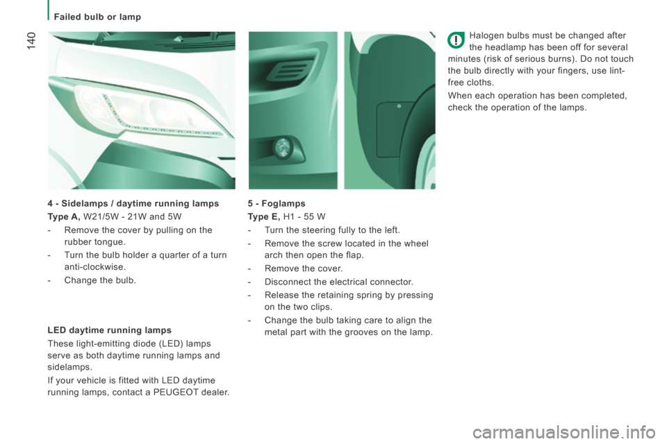 Peugeot Boxer 2014 Owners Manual - RHD (UK, Australia) 140
Failed bulb or lamp
Halogen bulbs must be changed after
the headlamp has been off for several
minutes (risk of serious burns). Do not touch
the bulb directly with your fingers, use Peugeot Boxer 2014 Owners Manual - RHD (UK, Australia) 140
Failed bulb or lamp
Halogen bulbs must be changed after
the headlamp has been off for several
minutes (risk of serious burns). Do not touch
the bulb directly with your fingers, use