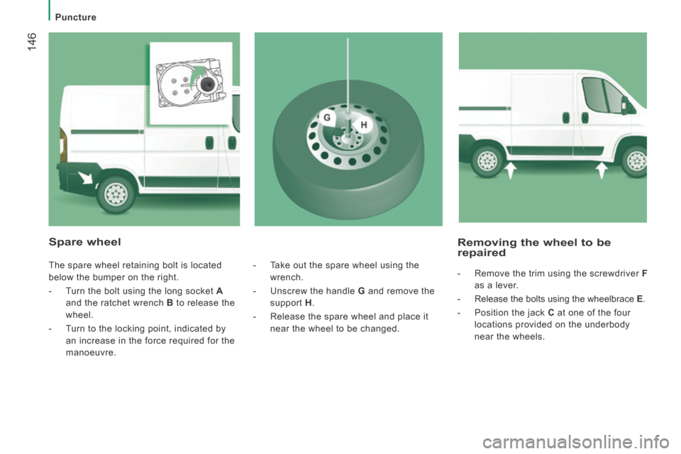 Peugeot Boxer 2014 Owners Manual - RHD (UK, Australia) 146
Puncture
Removing the wheel to be repaired
- Remove the trim using the screwdriver F
as a lever.
- Release the bolts using the wheelbrace E .
- Position the jack Peugeot Boxer 2014 Owners Manual - RHD (UK, Australia) 146
Puncture
Removing the wheel to be repaired
- Remove the trim using the screwdriver F
as a lever.
- Release the bolts using the wheelbrace E .
- Position the jack