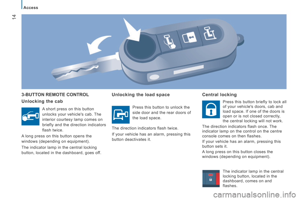 Peugeot Boxer 2014   - RHD (UK, Australia) User Guide 14
Access
 3-BUTTON REMOTE CONTROL 
  Unlocking  the  cab 
  A short press on this button 
unlocks your vehicles cab. The 
interior courtesy lamp comes on 
briefly and the direction indicators 
flash
