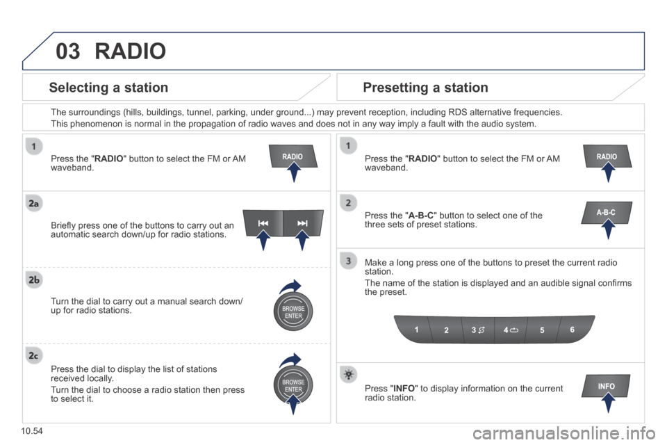 Peugeot Boxer 2014 Owners Manual - RHD (UK, Australia) 03
10.54
Press the " RADIO " button to select the FM or AM waveband.
The surroundings (hills, buildings, tunnel, parking, under ground...) \
may prevent reception, including RDS alternative fr Peugeot Boxer 2014 Owners Manual - RHD (UK, Australia) 03
10.54
Press the " RADIO " button to select the FM or AM waveband.
The surroundings (hills, buildings, tunnel, parking, under ground...) \
may prevent reception, including RDS alternative fr