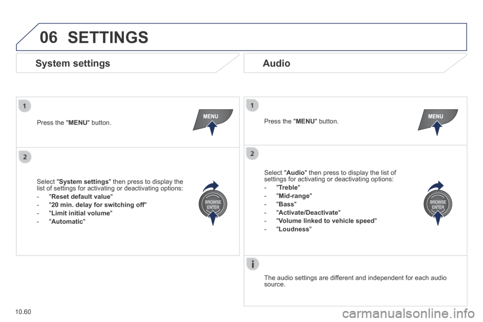 Peugeot Boxer 2014 Owners Manual - RHD (UK, Australia) 06
10.60
SETTINGS
Press the " MENU " button. Press the " MENU " button.
The audio settings are different and independent for each audio source.
System settings Audio
Select Peugeot Boxer 2014 Owners Manual - RHD (UK, Australia) 06
10.60
SETTINGS
Press the " MENU " button. Press the " MENU " button.
The audio settings are different and independent for each audio source.
System settings Audio
Select