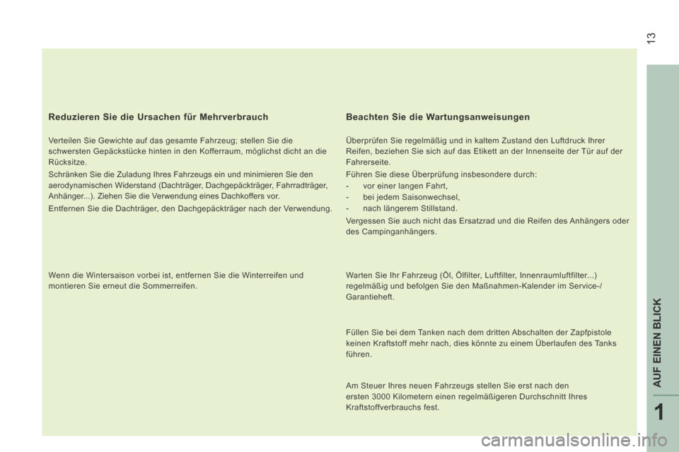 Peugeot Boxer 2014 Betriebsanleitung (in German) 13
1
AUF EINEN BLICK
Reduzieren Sie die Ursachen für Mehrverbrauch
Verteilen Sie Gewichte auf das gesamte Fahrzeug; stellen Sie die
schwersten Gepäckstücke hinten in den Kofferraum, möglich Peugeot Boxer 2014 Betriebsanleitung (in German) 13
1
AUF EINEN BLICK
Reduzieren Sie die Ursachen für Mehrverbrauch
Verteilen Sie Gewichte auf das gesamte Fahrzeug; stellen Sie die
schwersten Gepäckstücke hinten in den Kofferraum, möglich