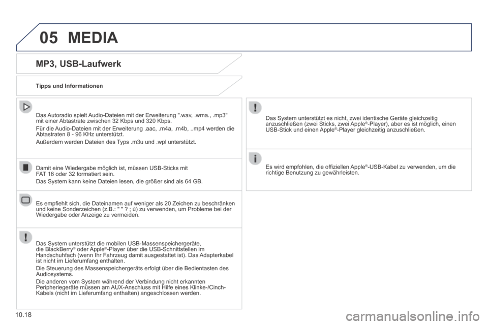 Peugeot Boxer 2014  Betriebsanleitung (in German) 05 MEDIA 
10.18
  MP3,  USB-Laufwerk 
  Tipps  und  Informationen  
  Das System unterstützt die mobilen USB-Massenspeichergeräte, die BlackBerry®  oder Apple®  oder Apple®®-Player über die USB