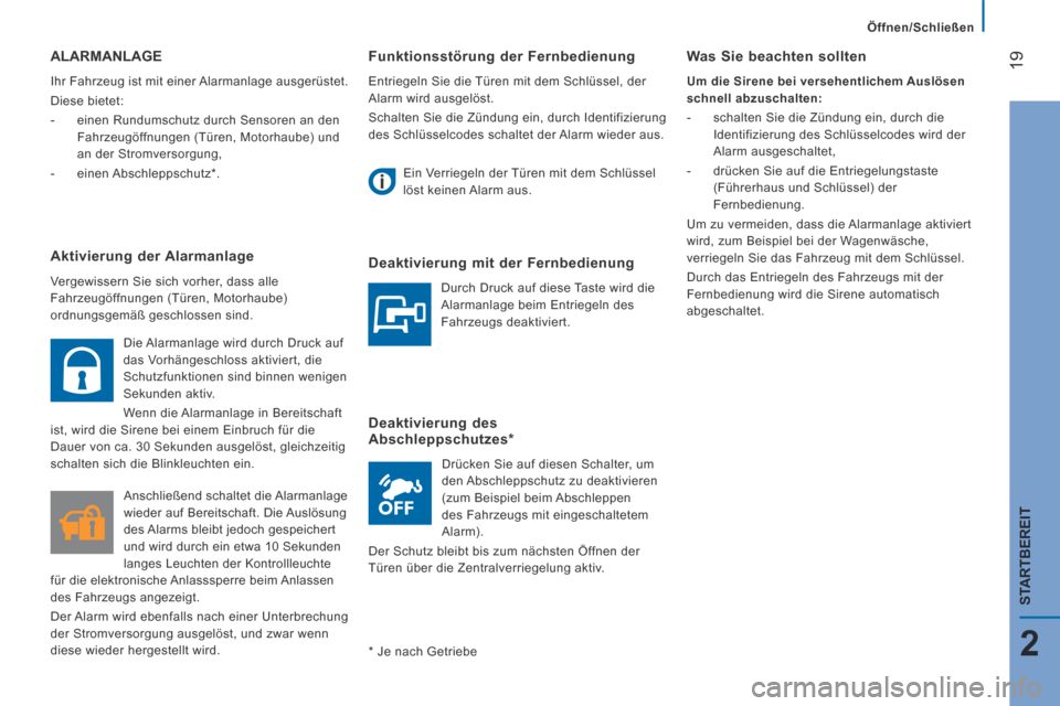 Peugeot Boxer 2014  Betriebsanleitung (in German) 19
2
STARTBEREIT
   Öffnen/Schließen   
  Funktionsstörung  der  Fernbedienung 
 Entriegeln Sie die Türen mit dem Schlüssel, der 
Alarm wird ausgelöst. 
 Schalten Sie die Zündung ein, durch Ide