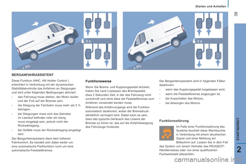 Peugeot Boxer 2014 Betriebsanleitung (in German) Starten und Anhalten
39
2
STARTBEREIT
BERGANFAHRASSISTENT
Diese Funktion (HHC, Hill Holder Control )
erleichtert in Verbindung mit der dynamischen
Stabilitätskontrolle das Anfahren an St Peugeot Boxer 2014 Betriebsanleitung (in German) Starten und Anhalten
39
2
STARTBEREIT
BERGANFAHRASSISTENT
Diese Funktion (HHC, Hill Holder Control )
erleichtert in Verbindung mit der dynamischen
Stabilitätskontrolle das Anfahren an St