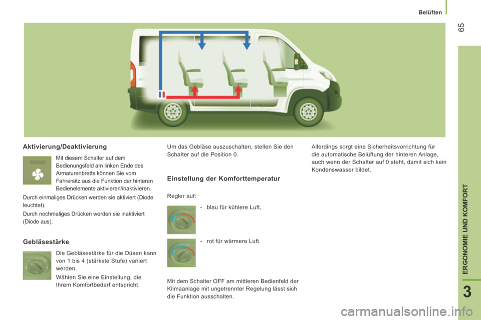 Peugeot Boxer 2014 Betriebsanleitung (in German) Belüften
65
3
ERGONOMIE UND KOMFORT
Aktivierung/Deaktivierung
Mit diesem Schalter auf dem
Bedienungsfeld am linken Ende des
Armaturenbretts können Sie vom
Fahrersitz aus die Funktion de Peugeot Boxer 2014 Betriebsanleitung (in German) Belüften
65
3
ERGONOMIE UND KOMFORT
Aktivierung/Deaktivierung
Mit diesem Schalter auf dem
Bedienungsfeld am linken Ende des
Armaturenbretts können Sie vom
Fahrersitz aus die Funktion de
