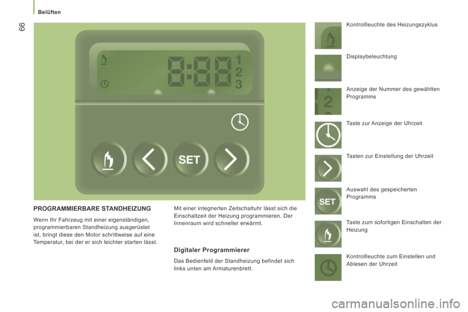 Peugeot Boxer 2014  Betriebsanleitung (in German)    Belüften   
66
 PROGRAMMIERBARE  STANDHEIZUNG 
 Wenn Ihr Fahrzeug mit einer eigenständigen, 
programmierbaren Standheizung ausgerüstet 
ist, bringt diese den Motor schrittweise auf eine 
Tempera