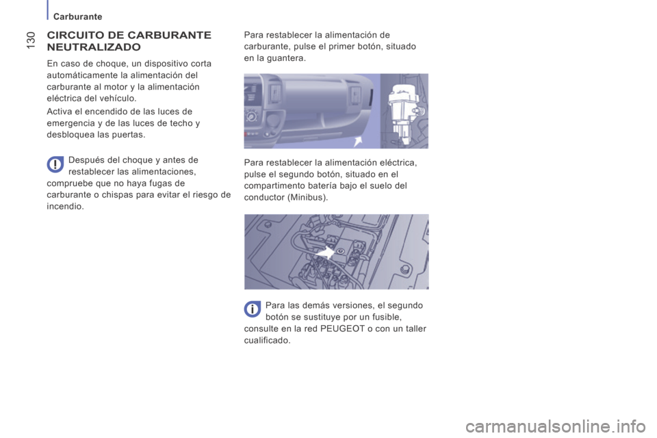 Peugeot Boxer 2014 Manual del propietario (in Spanish) Carburante
130
CIRCUITO DE CARBURANTE
NEUTRALIZADO
Después del choque y antes de
restablecer las alimentaciones,
compruebe que no haya fugas de
carburante o chispas para evitar el ries Peugeot Boxer 2014 Manual del propietario (in Spanish) Carburante
130
CIRCUITO DE CARBURANTE
NEUTRALIZADO
Después del choque y antes de
restablecer las alimentaciones,
compruebe que no haya fugas de
carburante o chispas para evitar el ries