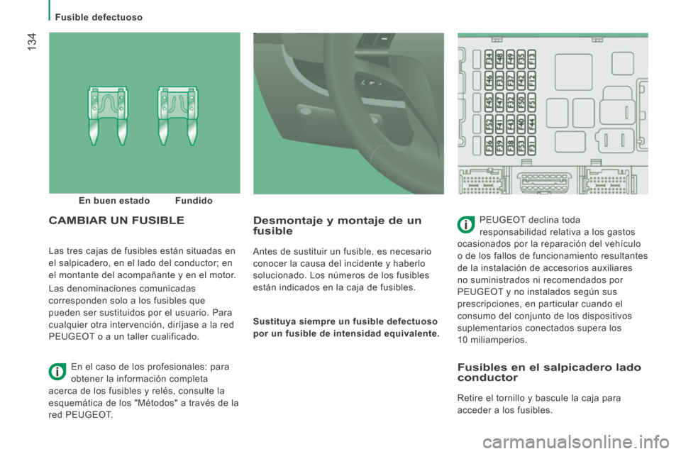 Peugeot Boxer 2014 Manual del propietario (in Spanish) Fusible defectuoso
134
Las tres cajas de fusibles están situadas en
el salpicadero, en el lado del conductor; en
el montante del acompañante y en el motor.
Las denominaciones comunicada Peugeot Boxer 2014 Manual del propietario (in Spanish) Fusible defectuoso
134
Las tres cajas de fusibles están situadas en
el salpicadero, en el lado del conductor; en
el montante del acompañante y en el motor.
Las denominaciones comunicada