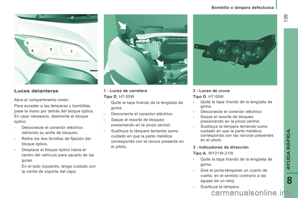 Peugeot Boxer 2014 Manual del propietario (in Spanish) Bombilla o lámpara defectuosa
139
AYUDA RÁPIDA
8
1 - Luces de carretera
Tipo D , H7-55W
- Quite la tapa tirando de la lengüeta de goma.
- Desconecte el conector eléct Peugeot Boxer 2014 Manual del propietario (in Spanish) Bombilla o lámpara defectuosa
139
AYUDA RÁPIDA
8
1 - Luces de carretera
Tipo D , H7-55W
- Quite la tapa tirando de la lengüeta de goma.
- Desconecte el conector eléct