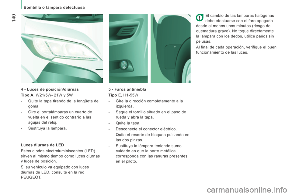 Peugeot Boxer 2014 Manual del propietario (in Spanish) Bombilla o lámpara defectuosa
140
El cambio de las lámparas halógenas
debe efectuarse con el faro apagado
desde al menos unos minutos (riesgo de
quemadura grave). No toque directamen Peugeot Boxer 2014 Manual del propietario (in Spanish) Bombilla o lámpara defectuosa
140
El cambio de las lámparas halógenas
debe efectuarse con el faro apagado
desde al menos unos minutos (riesgo de
quemadura grave). No toque directamen