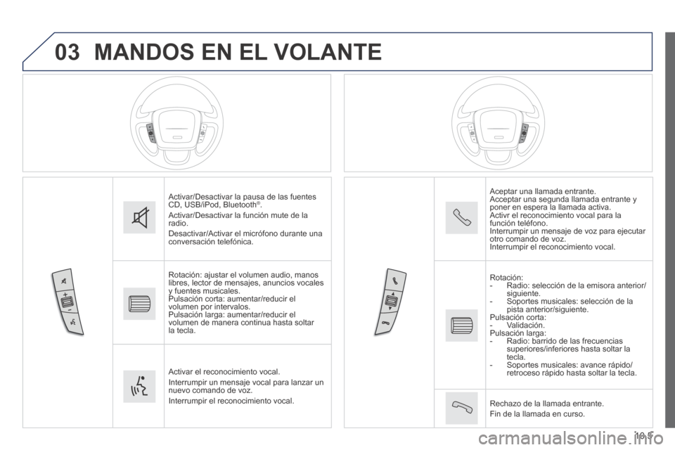 Peugeot Boxer 2014  Manual del propietario (in Spanish) 03
10.5
 MANDOS EN EL VOLANTE 
 Activar/Desactivar la pausa de las fuentes CD, USB/iPod, Bluetooth ® .  Activar/Desactivar la función mute de la radio.  Desactivar/Activar el micrófono durante una 