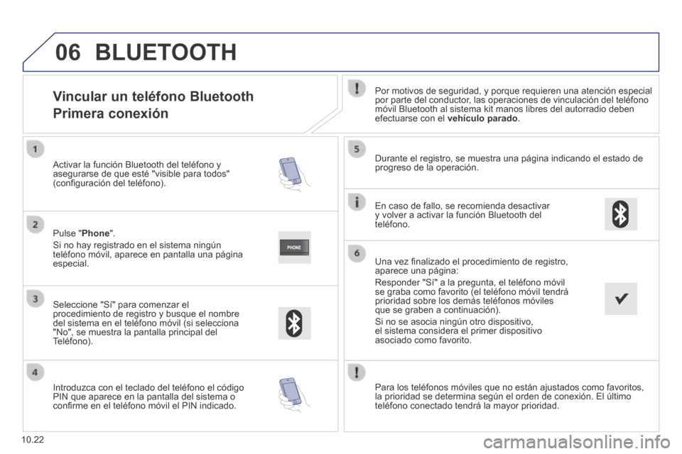 Peugeot Boxer 2014  Manual del propietario (in Spanish) 06
10.22
            Vincular  un  teléfono  Bluetooth  
Primera conexión 
  Por motivos de seguridad, y porque requieren una atención especial por parte del conductor, las operaciones de vinculaci