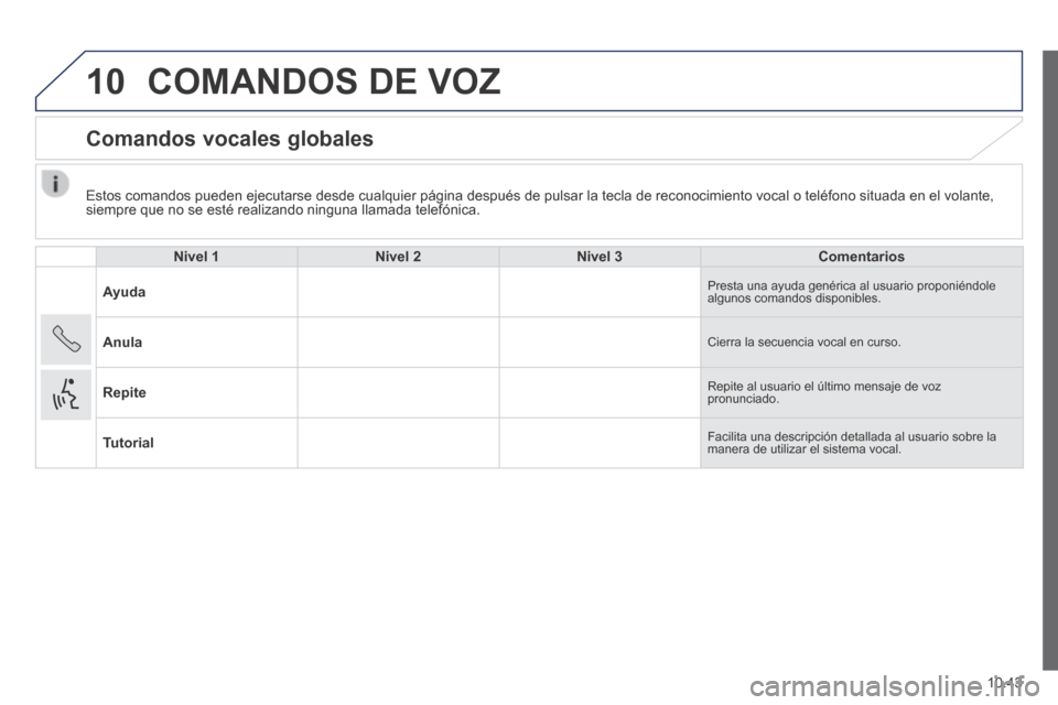 Peugeot Boxer 2014  Manual del propietario (in Spanish) 10
10.43
  Estos comandos pueden ejecutarse desde cualquier página después de\
 pulsar la tecla de reconocimiento vocal o teléfono situada en el vol\
ante, siempre que no se esté realizando ningun