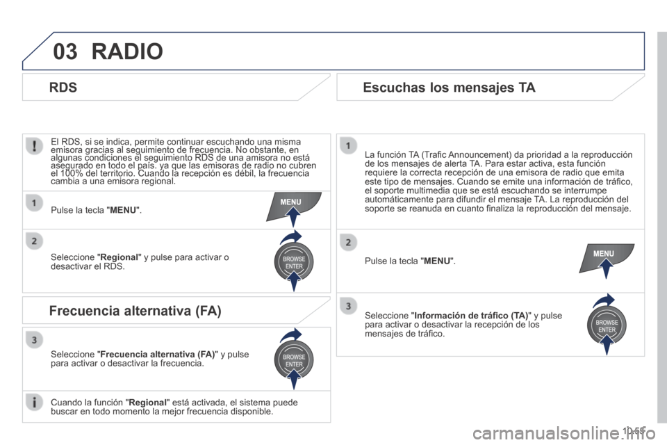 Peugeot Boxer 2014 Manual del propietario (in Spanish) 03
10.55
RADIO
El RDS, si se indica, permite continuar escuchando una misma emisora gracias al seguimiento de frecuencia. No obstante, en El RDS, si se indica, permite continuar escuchando una m Peugeot Boxer 2014 Manual del propietario (in Spanish) 03
10.55
RADIO
El RDS, si se indica, permite continuar escuchando una misma emisora gracias al seguimiento de frecuencia. No obstante, en El RDS, si se indica, permite continuar escuchando una m