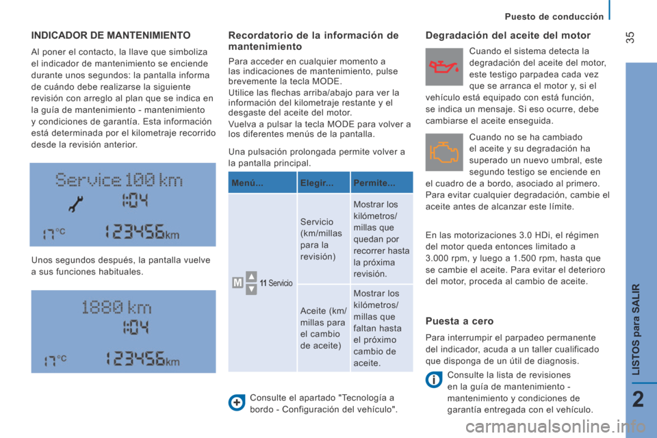 Peugeot Boxer 2014  Manual del propietario (in Spanish)    Puesto  de  conducción   
35
2
LISTOS 
para
 SALIR
 INDICADOR DE MANTENIMIENTO 
 Al poner el contacto, la llave que simboliza 
el indicador de mantenimiento se enciende 
durante unos segundos: la 