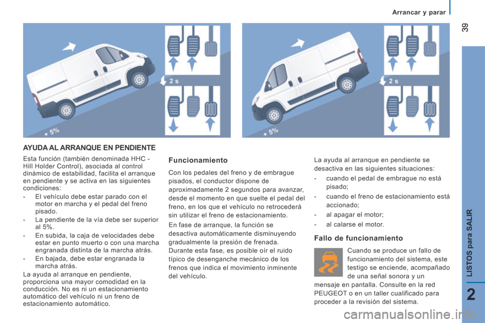 Peugeot Boxer 2014 Manual del propietario (in Spanish) Arrancar y parar
39
2
LISTOS
para
SALIR
AYUDA AL ARRANQUE EN PENDIENTE
Esta función (también denominada HHC -
Hill Holder Control), asociada al control
dinámico de estabilidad, facil Peugeot Boxer 2014 Manual del propietario (in Spanish) Arrancar y parar
39
2
LISTOS
para
SALIR
AYUDA AL ARRANQUE EN PENDIENTE
Esta función (también denominada HHC -
Hill Holder Control), asociada al control
dinámico de estabilidad, facil