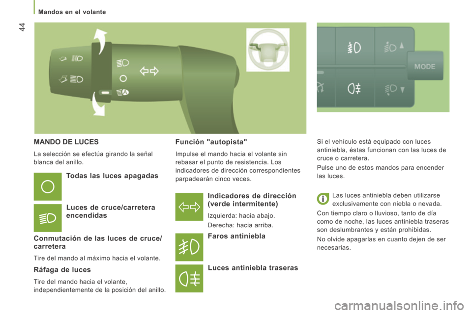 Peugeot Boxer 2014 Manual del propietario (in Spanish) 44
Mandos en el volante
MANDO DE LUCES
La selección se efectúa girando la señal
blanca del anillo.
Indicadores de dirección
(verde intermitente)
Izquierda: hacia abajo.
De Peugeot Boxer 2014 Manual del propietario (in Spanish) 44
Mandos en el volante
MANDO DE LUCES
La selección se efectúa girando la señal
blanca del anillo.
Indicadores de dirección
(verde intermitente)
Izquierda: hacia abajo.
De
