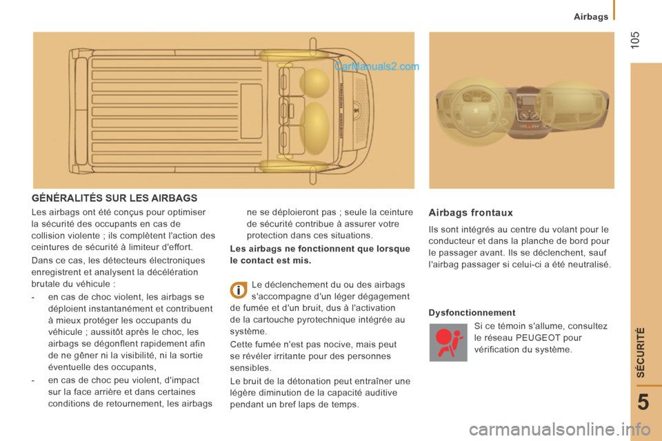 Peugeot Boxer 2014 Manuel du propriétaire (in French) 105
5
SÉCURITÉ
Airbags
GÉNÉRALITÉS SUR LES AIRBAGS
Les airbags ont été conçus pour optimiser
la sécurité des occupants en cas de
collision violente ; ils complètent laction des
cein Peugeot Boxer 2014 Manuel du propriétaire (in French) 105
5
SÉCURITÉ
Airbags
GÉNÉRALITÉS SUR LES AIRBAGS
Les airbags ont été conçus pour optimiser
la sécurité des occupants en cas de
collision violente ; ils complètent laction des
cein