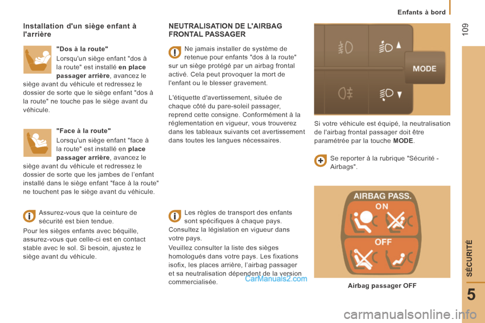 Peugeot Boxer 2014 Manuel du propriétaire (in French) 109
5
SÉCURITÉ
Enfants à bord
NEUTRALISATION DE LAIRBAG FRONTAL PASSAGER
Les règles de transport des enfants
sont spécifiques à chaque pays.
Consultez la législation en vigueur dans
Peugeot Boxer 2014 Manuel du propriétaire (in French) 109
5
SÉCURITÉ
Enfants à bord
NEUTRALISATION DE LAIRBAG FRONTAL PASSAGER
Les règles de transport des enfants
sont spécifiques à chaque pays.
Consultez la législation en vigueur dans