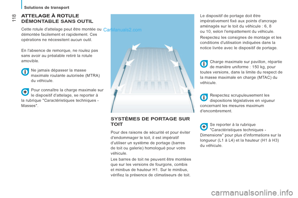 Peugeot Boxer 2014 Manuel du propriétaire (in French) 11 8
Solutions de transport
SYSTÈMES DE PORTAGE SUR
TOIT Se reporter à la rubrique
"Caractéristiques techniques -
Dimensions" pour plus dinformations sur la
longueur (L1 à L4) et Peugeot Boxer 2014 Manuel du propriétaire (in French) 11 8
Solutions de transport
SYSTÈMES DE PORTAGE SUR
TOIT Se reporter à la rubrique
"Caractéristiques techniques -
Dimensions" pour plus dinformations sur la
longueur (L1 à L4) et