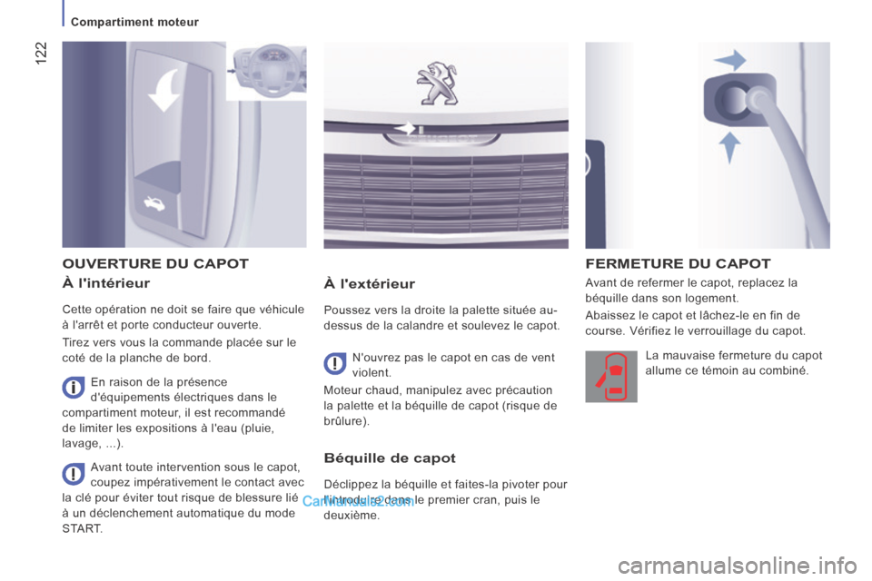 Peugeot Boxer 2014 Manuel du propriétaire (in French) 122
Compartiment moteur
À lintérieur
Cette opération ne doit se faire que véhicule
à larrêt et porte conducteur ouverte.
Tirez vers vous la commande placée sur le
coté de la Peugeot Boxer 2014 Manuel du propriétaire (in French) 122
Compartiment moteur
À lintérieur
Cette opération ne doit se faire que véhicule
à larrêt et porte conducteur ouverte.
Tirez vers vous la commande placée sur le
coté de la