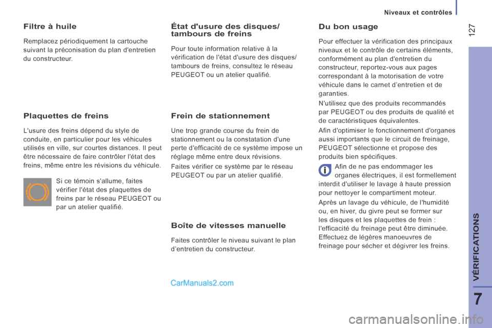 Peugeot Boxer 2014 Manuel du propriétaire (in French) Niveaux et contrôles
127
7
VÉRIFICATIONS
Boîte de vitesses manuelle
Faites contrôler le niveau suivant le plan
d’entretien du constructeur.
Du bon usage
Pour effectuer la vérifica Peugeot Boxer 2014 Manuel du propriétaire (in French) Niveaux et contrôles
127
7
VÉRIFICATIONS
Boîte de vitesses manuelle
Faites contrôler le niveau suivant le plan
d’entretien du constructeur.
Du bon usage
Pour effectuer la vérifica