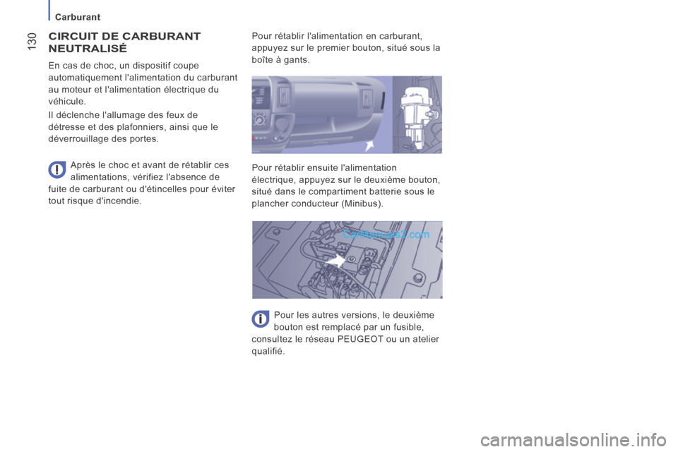 Peugeot Boxer 2014 Manuel du propriétaire (in French) Carburant
130
CIRCUIT DE CARBURANT
NEUTRALISÉ
Après le choc et avant de rétablir ces
alimentations, vérifiez labsence de
fuite de carburant ou détincelles pour éviter
tout risqu Peugeot Boxer 2014 Manuel du propriétaire (in French) Carburant
130
CIRCUIT DE CARBURANT
NEUTRALISÉ
Après le choc et avant de rétablir ces
alimentations, vérifiez labsence de
fuite de carburant ou détincelles pour éviter
tout risqu