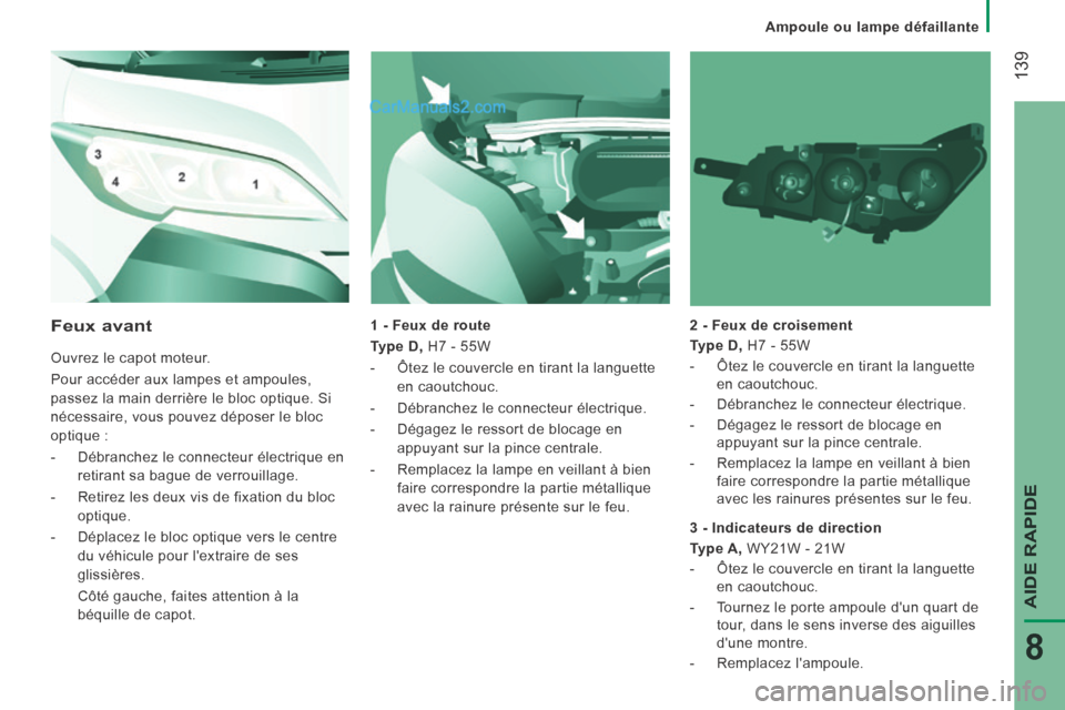 Peugeot Boxer 2014 Manuel du propriétaire (in French) Ampoule ou lampe défaillante
139
AIDE RAPIDE
8
1 - Feux de route
Type D, H7 - 55W
- Ôtez le couvercle en tirant la languette en caoutchouc.
- Débranchez le connecteur électriq Peugeot Boxer 2014 Manuel du propriétaire (in French) Ampoule ou lampe défaillante
139
AIDE RAPIDE
8
1 - Feux de route
Type D, H7 - 55W
- Ôtez le couvercle en tirant la languette en caoutchouc.
- Débranchez le connecteur électriq