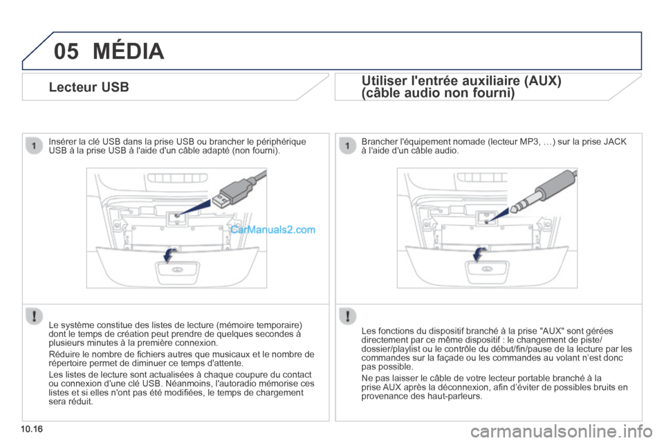 Peugeot Boxer 2014 Manuel du propriétaire (in French) 05
10.16
Lecteur USB
Insérer la clé USB dans la prise USB ou brancher le périphér\
ique USB à la prise USB à laide dun câble adapté (non fourni)\
.
Le système constitu Peugeot Boxer 2014 Manuel du propriétaire (in French) 05
10.16
Lecteur USB
Insérer la clé USB dans la prise USB ou brancher le périphér\
ique USB à la prise USB à laide dun câble adapté (non fourni)\
.
Le système constitu